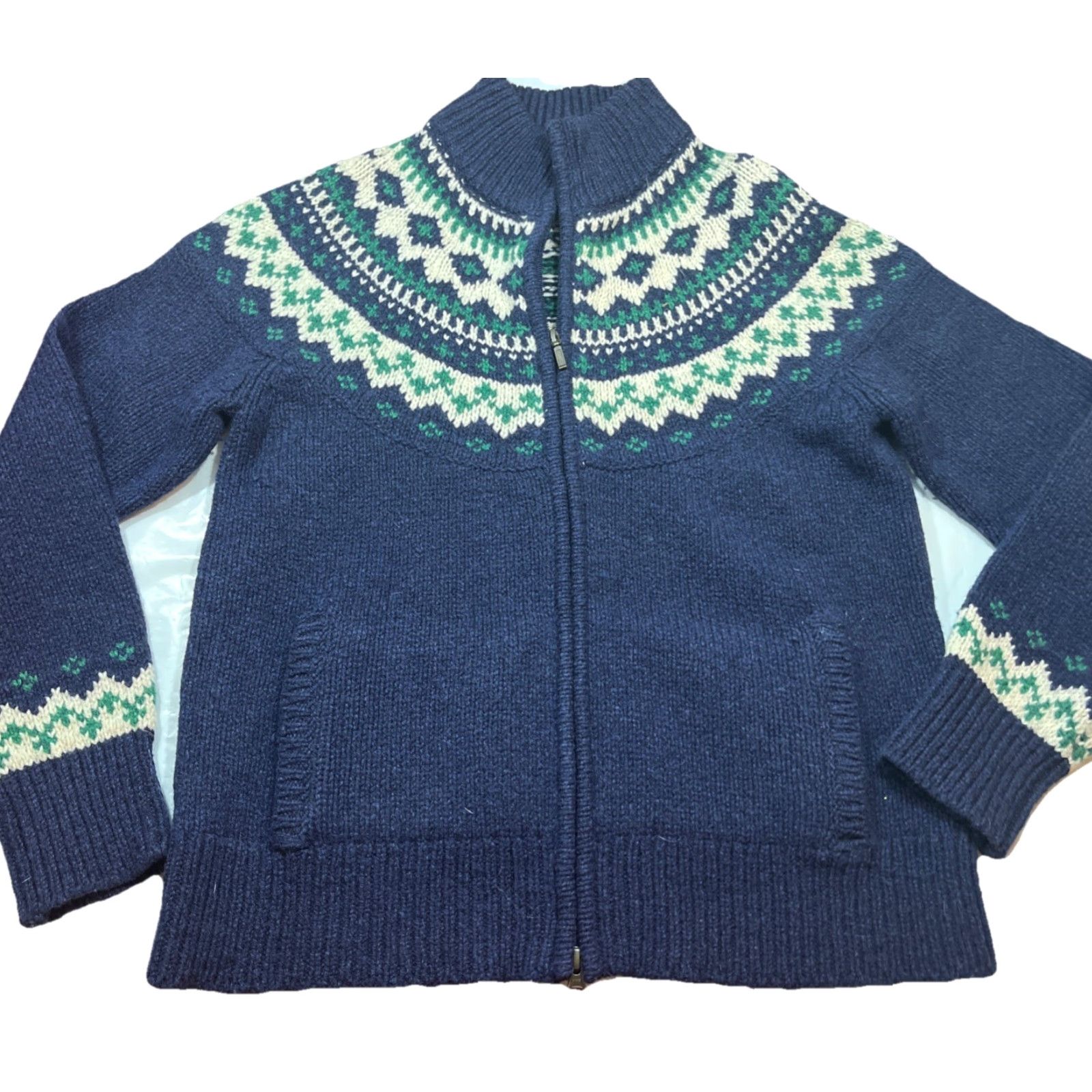 Vintage VINTAGE L.L.Bean Sweater Jacket Zip Arctic BLUE White Green Fair Isle Woman M Size M / US 6-8 / IT 42-44 - 3 Thumbnail