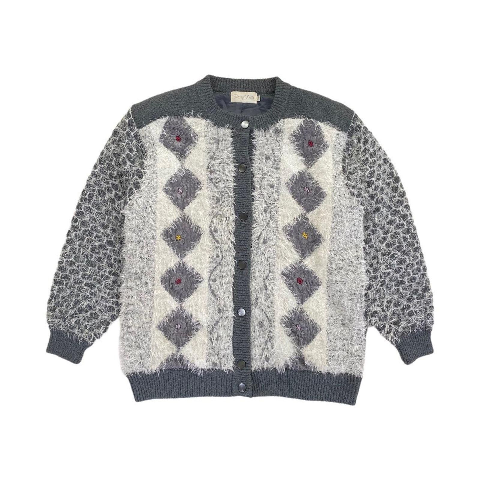 Other × Vintage Daisy Knits 80s Vintage Fluffy Floral Cardigan Coat Size L / US 10 / IT 46 - 1 Thumbnail