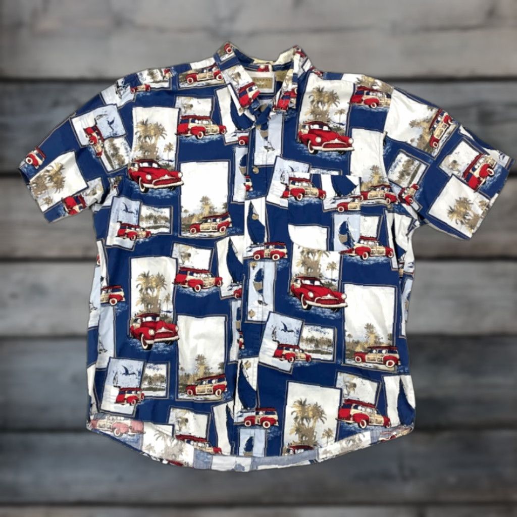 Vintage Natural Issue Shirt Adult Large Blue Car All-Over Print Short Sleeve Button-Front Cotton Casual 50s Cars Retro Mens Size US L / EU 52-54 / 3 - 1 Thumbnail