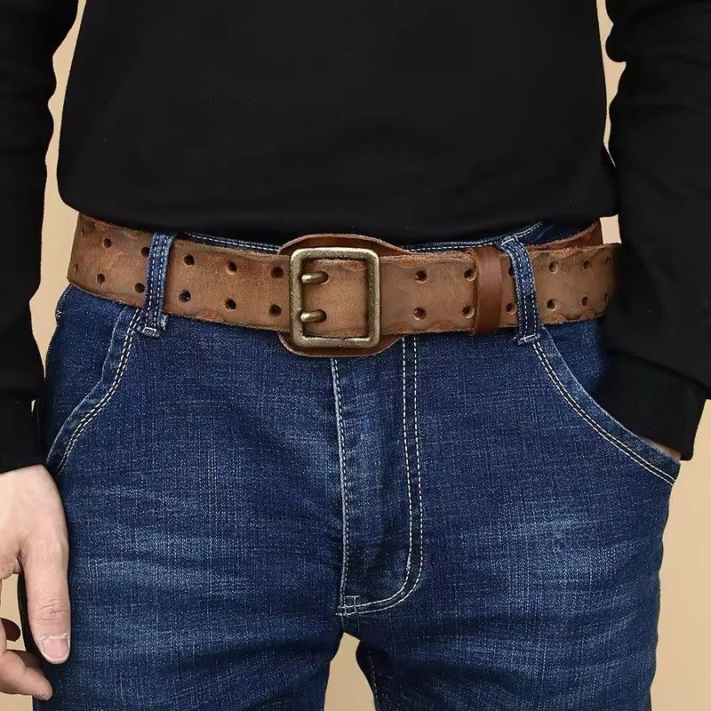 Vintage Khaki Leather 2 Pin Buckle belt