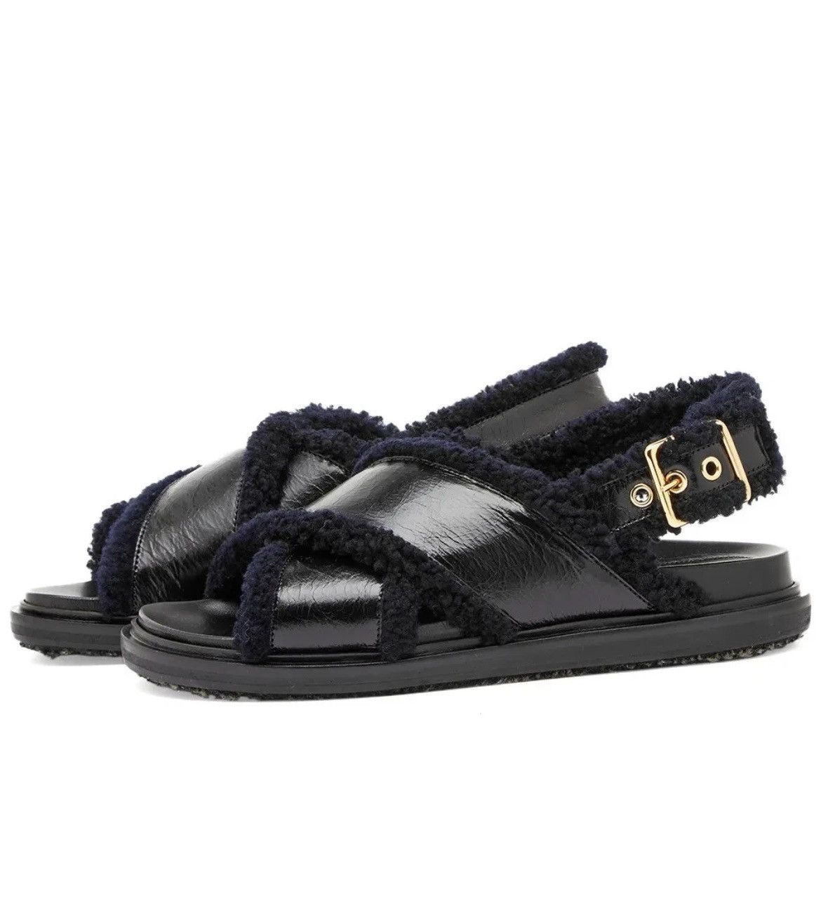 MARNI FUSSBETT CRISS CROSS SHEARLING LEATHER BLACK SANDALS