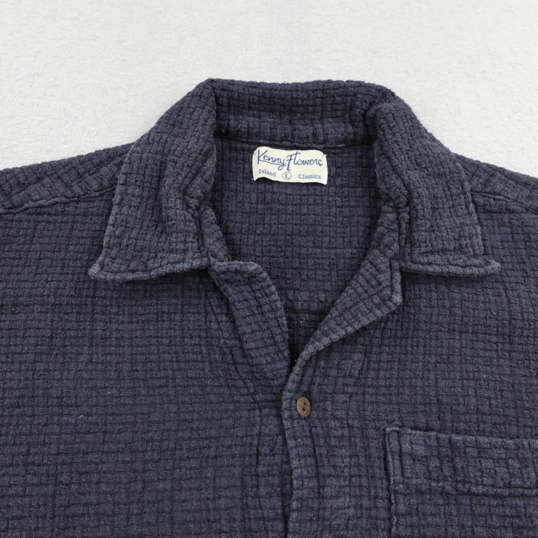 Vintage Kenny Flowers Shirt Mens Large Navy Blue Waffle Knit Textured Button Up Camp Size US L / EU 52-54 / 3 - 2 Thumbnail