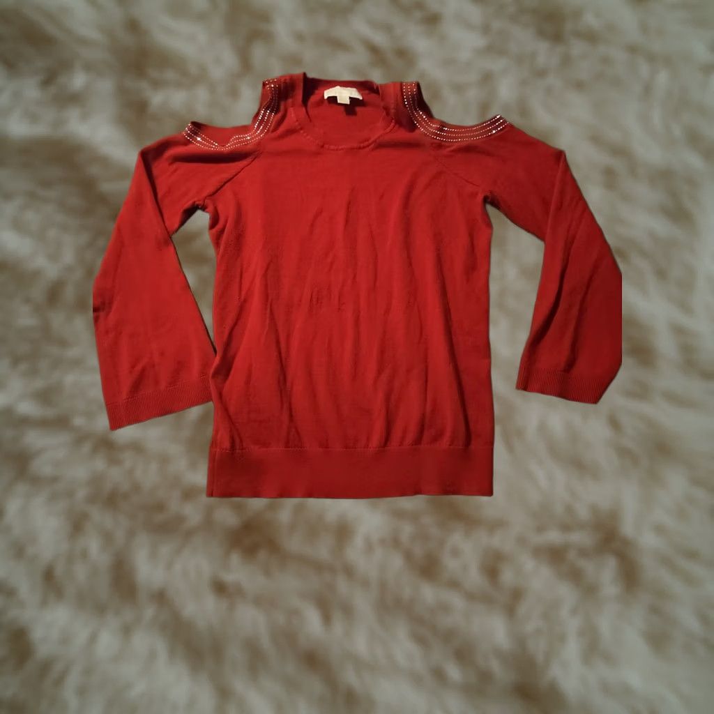 Michael Kors Michael Kors Sweater Women's L Red Long Sleeve Crew Neck Lightweight Polyester Knit Rhinestone Logo Pullover Size L / US 10 / IT 46 - 1 Thumbnail