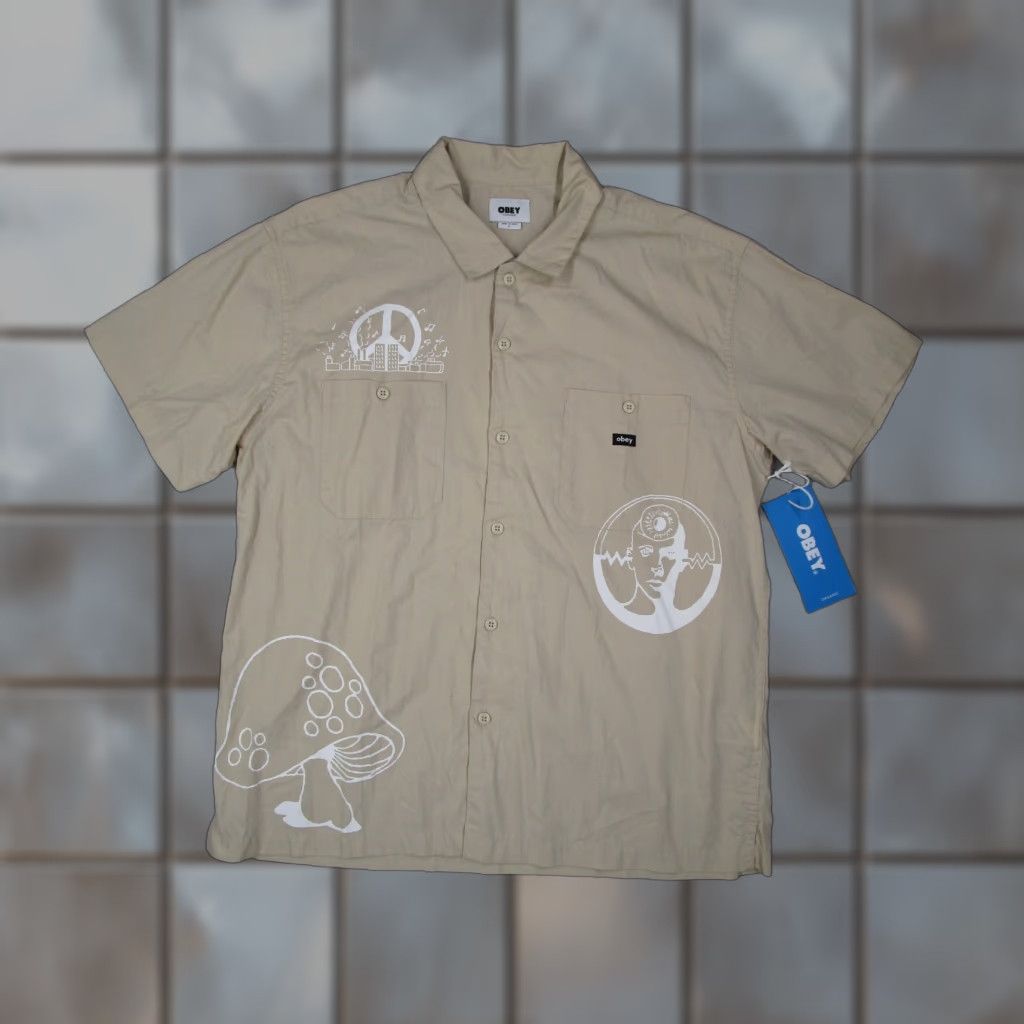 Obey OBEY Shirt Men L Beige Short Sleeve Button-Up Oyster Woven Organic Cotton 100% – Vintage? No – Classic Casual Button-Front Shirt Size US L / EU 52-54 / 3 - 1 Thumbnail