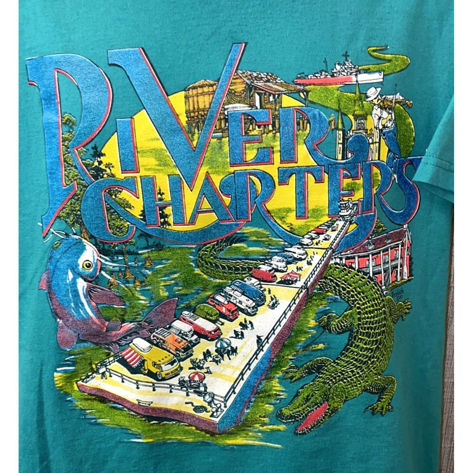 Vintage VINTAGE River Charters Short Sleeve Graphic T-Shirt Mens Teal M Cotton 21.5 In Armpit Size US M / EU 48-50 / 2 - 2 Thumbnail