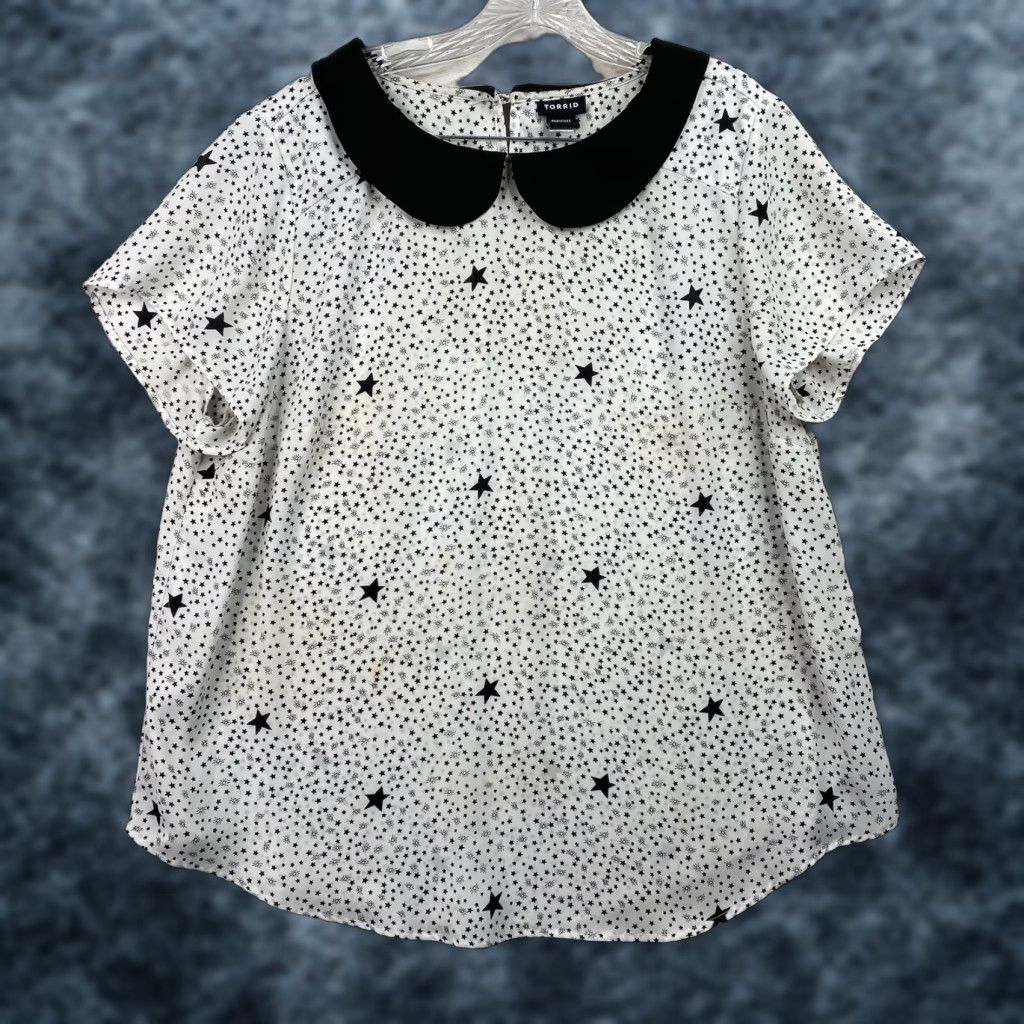 Torrid Torrid Top 1X Black White Collared Celestial Star Print Semi Sheer Short Sl Shirt Adult Plus Multicolor Moon Stars Tie-Dye Theme Womens Size XL / US 12-14 / IT 48-50 - 1 Thumbnail