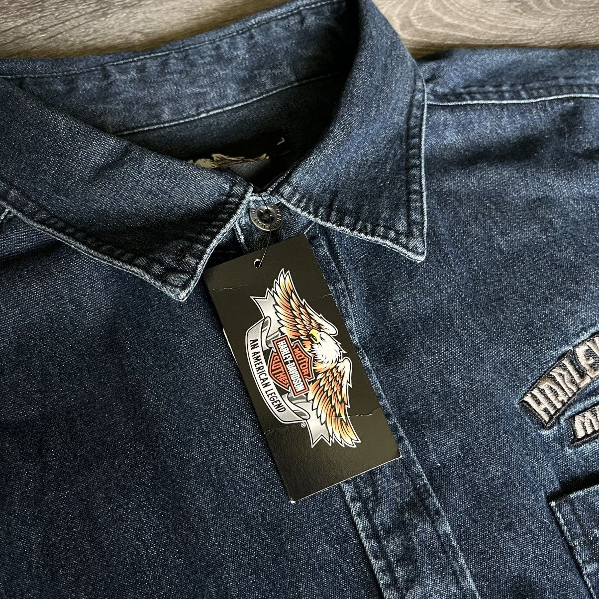 Harley Davidson × Vintage New Vintage Y2K Harley Davidson Flame Skull Denim Button Up Size US L / EU 52-54 / 3 - 8 Thumbnail