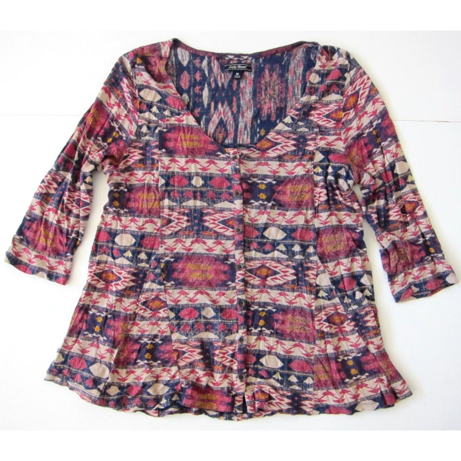 Lucky Brand VINTAGE Lucky Brand Blouse Shirt M Pink Blue Yellow 100% Rayon Button Down 3/4 Sleeve Tunic Batik Peasant Womens Size M / US 6-8 / IT 42-44 - 8 Thumbnail