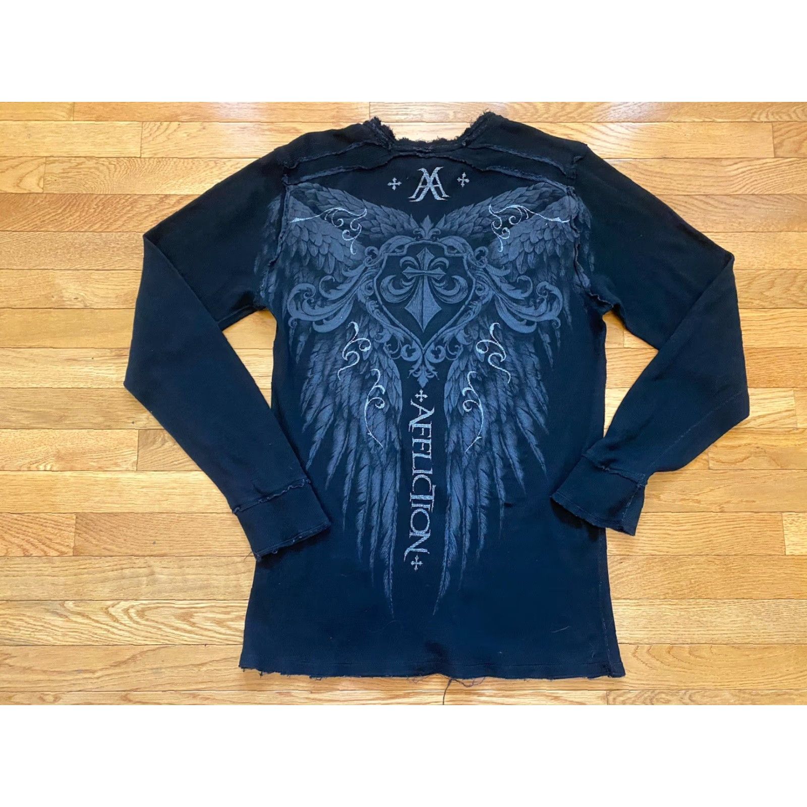 Affliction Affliction Mens Shirt XL Black Waffle Thermal Crew Neck 2-Sided Logo Y2K Gothic Punk Biker Size US XL / EU 56 / 4 - 2 Thumbnail