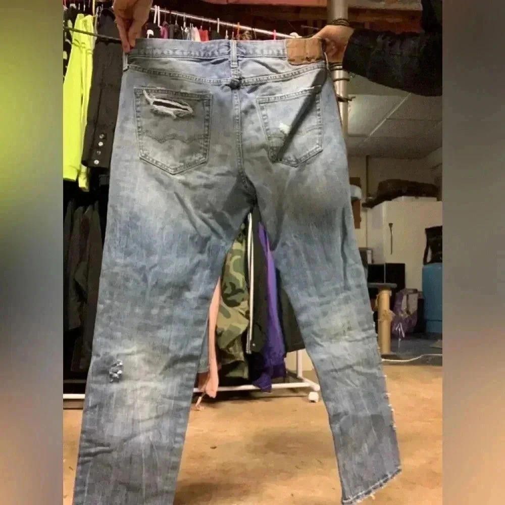 Designer Distressed Blue Denim Jeans - Trendy Ripped Style Size US 32 / EU 48 - 2 Thumbnail