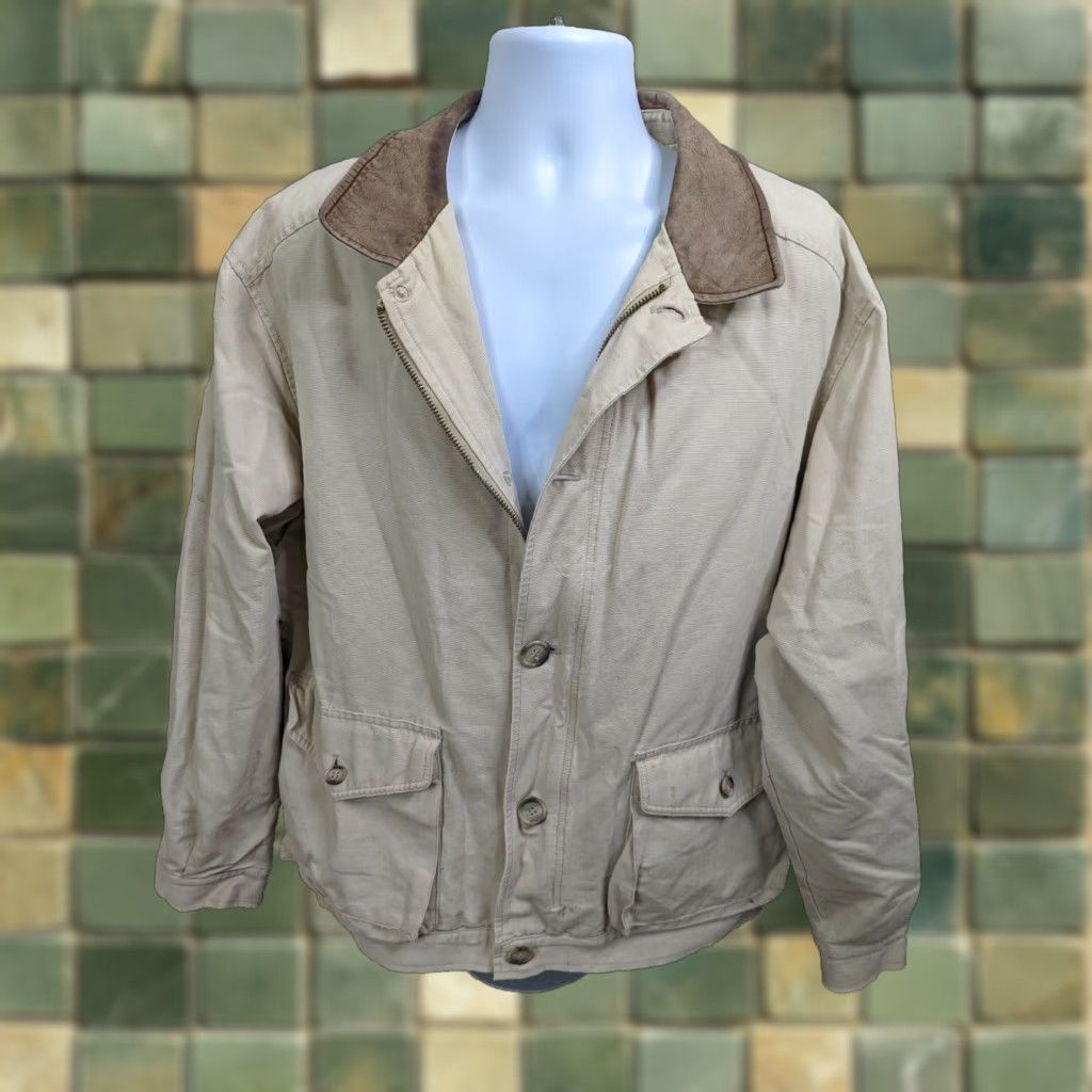 Vintage VINTAGE L.L Bean Plaid-Lined Barn Chore Canvas Coat XL Beige Leather Collar Men Size US XL / EU 56 / 4 - 1 Thumbnail