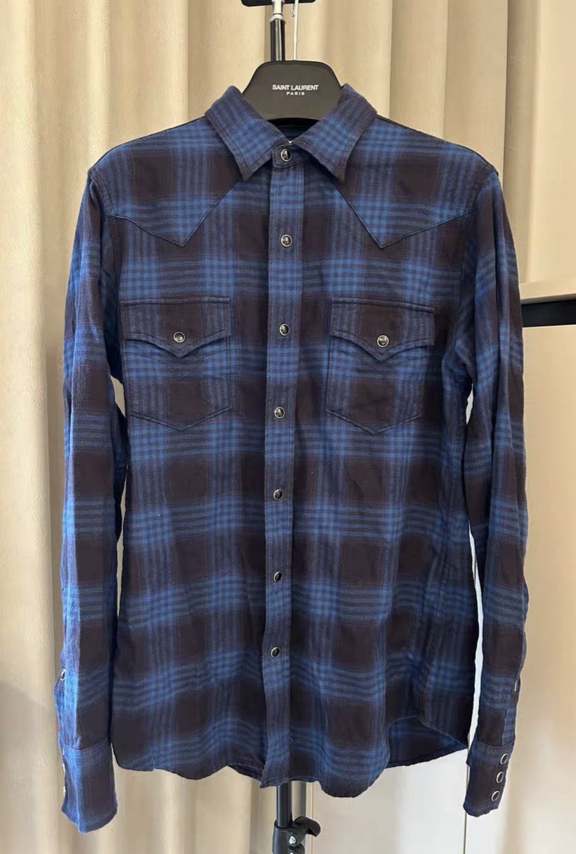 Saint Laurent Paris Saint Laurent 2016FW Cats Eye Button Blue Plaid Shirt Size US S / EU 44-46 / 1 - 1 Thumbnail