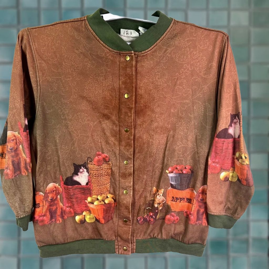 Blair Blair Jacket Womens Size L Brown Cat Pattern Mid-Length Zip Pockets Fall Knit Cotton Blend Blurred? Size L / US 10 / IT 46 - 1 Thumbnail