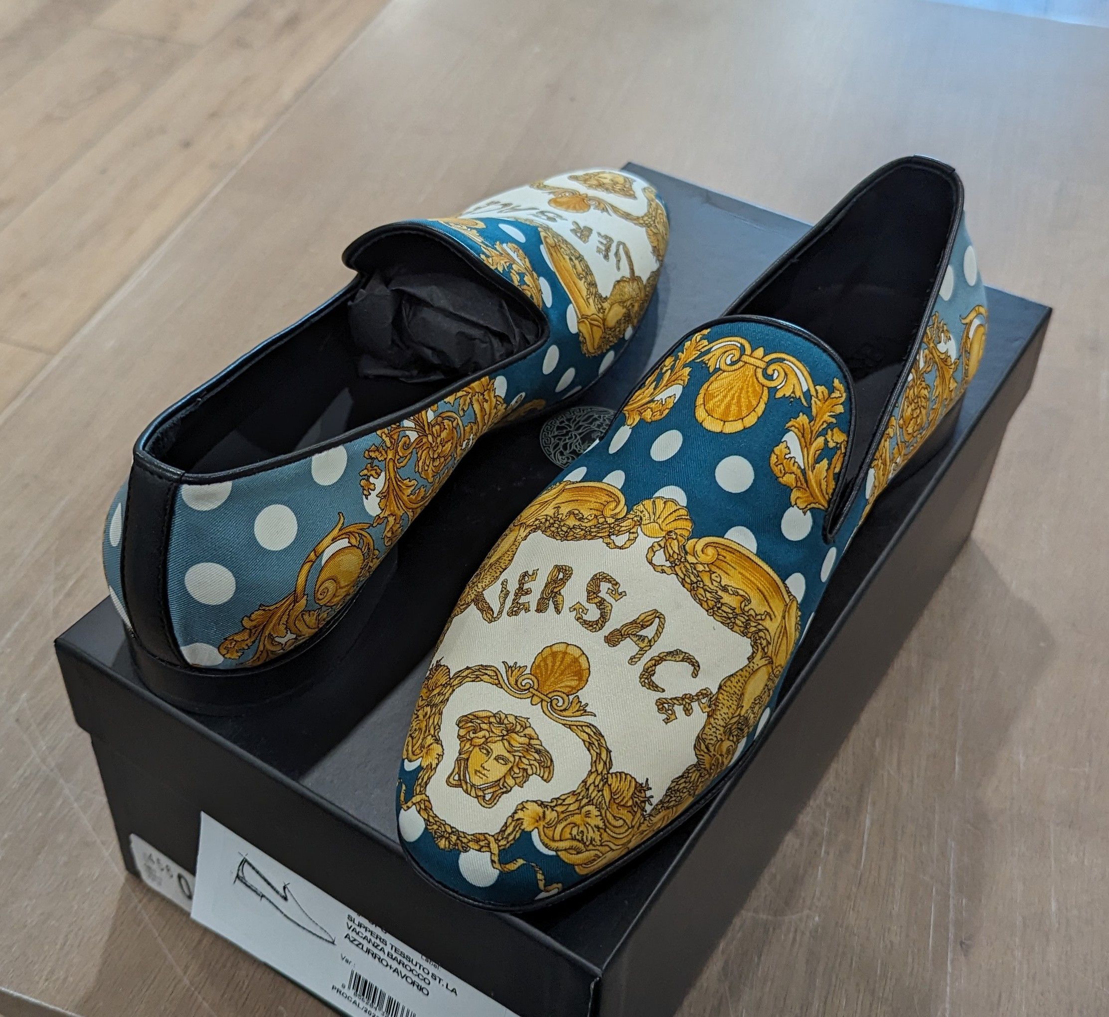 image of Versace Polka Dot Fabric Slippers Loafers Blue/gold 43 Us 10, Men's