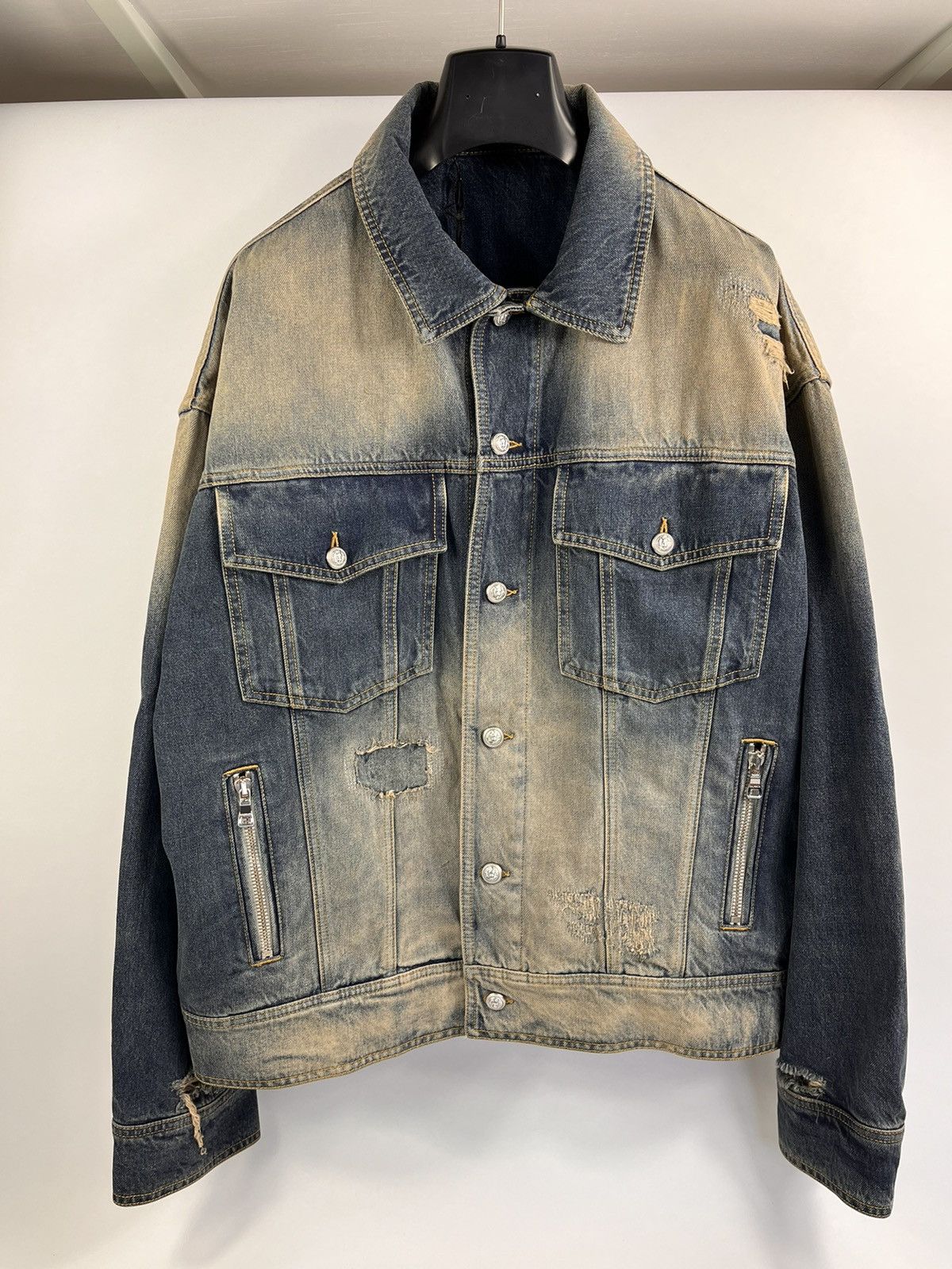 Image of Balmain Distressed Oversized Denim Jacket in Blue, Men's (Size 2XL)