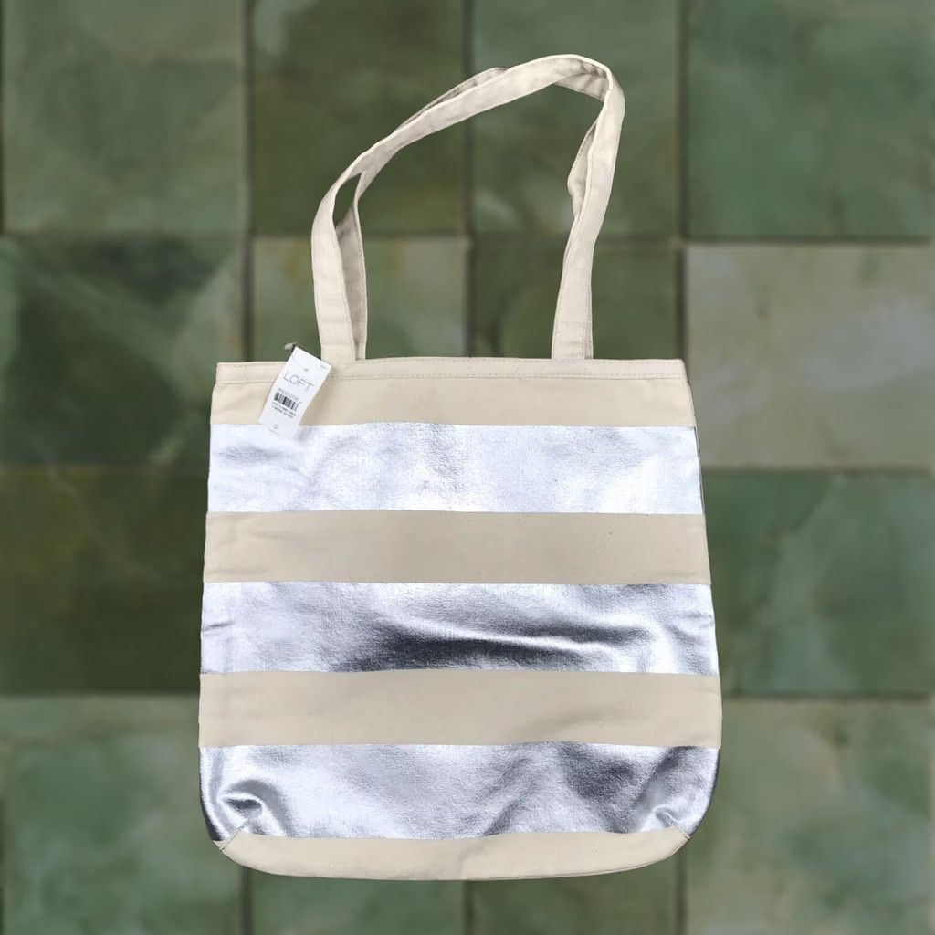 Ann Taylor NWT Ann Taylor Loft Beige Silver Striped Tote Bag 13.5x14 Beach Shopping Lightweight Canvas Open Tote Womens Size ONE SIZE - 1 Thumbnail