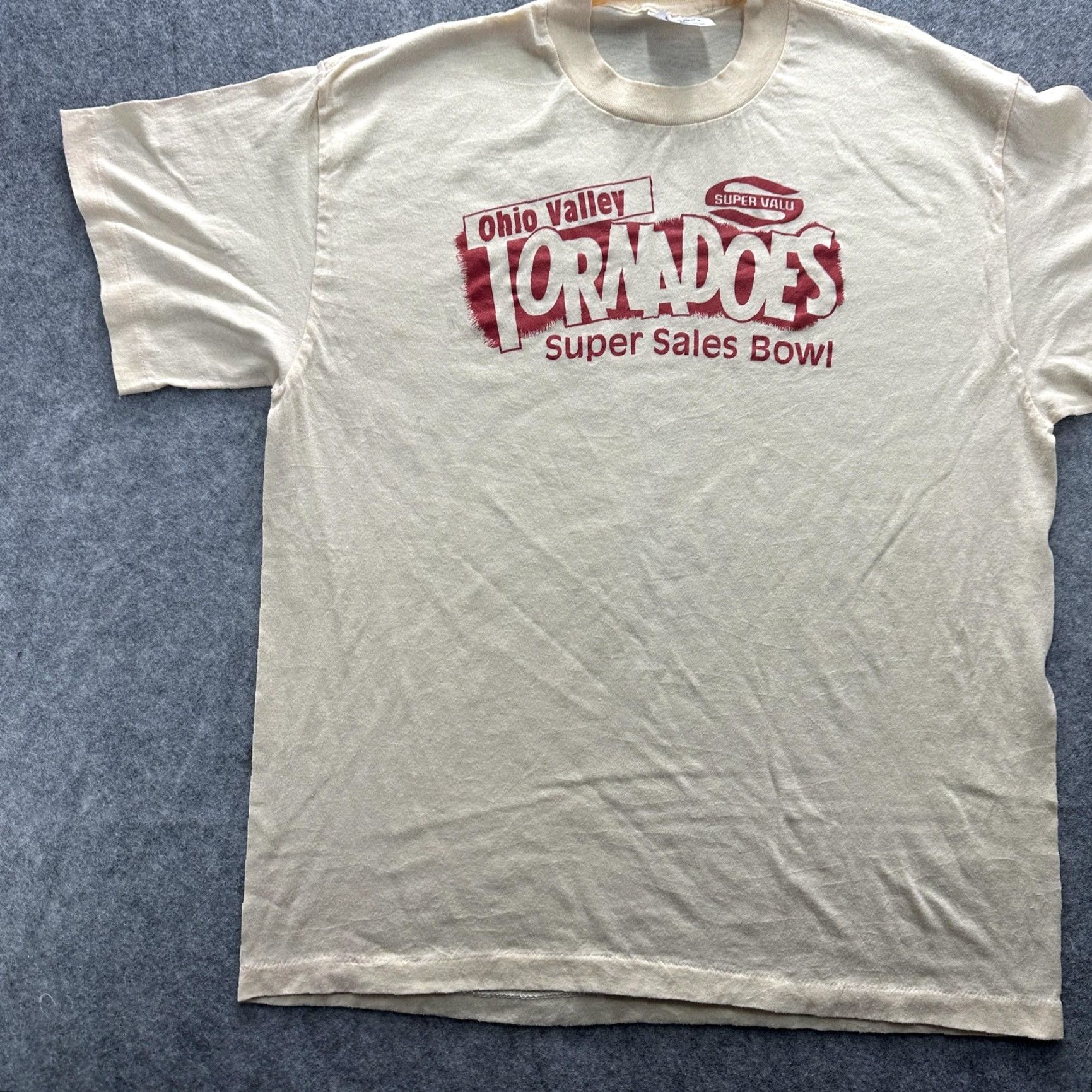 TEE JAYS VINTAGE Ohio Valley Tornadoes Graphic Shirt Mens XL Beige 80s Super Valu SS Crew Neck Graphic Print Sports Tee Jays Tee Shirts Size US XL / EU 56 / 4 - 3 Thumbnail