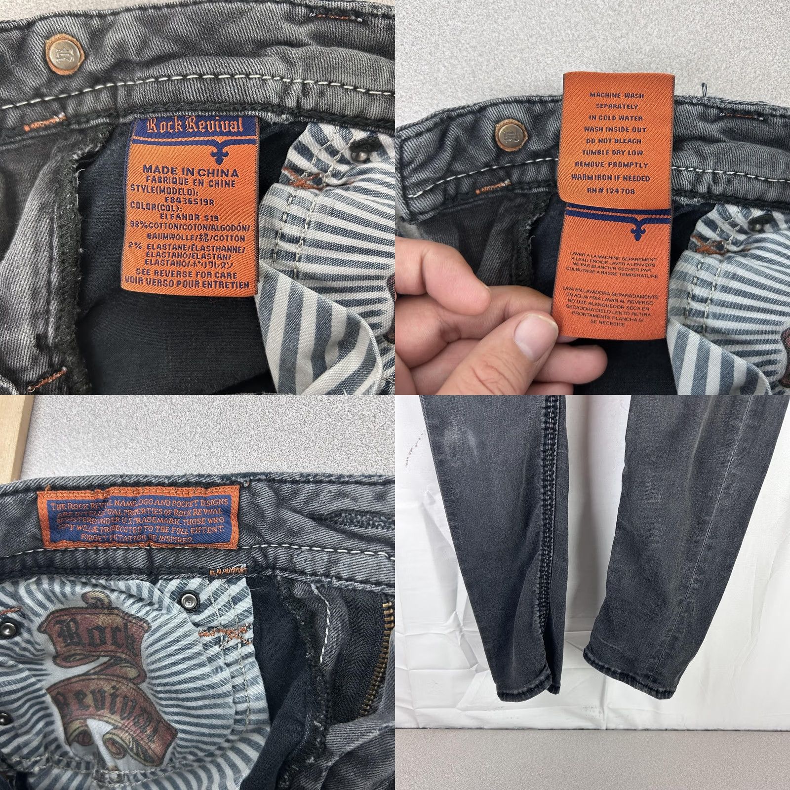 Vintage Rock Revival Eleanor Skinny Jeans Womens 29x30 Gray Rhinestone Embellished Denim Slim 5-Pocket Zip Fly Womens Size 29" - 8 Thumbnail