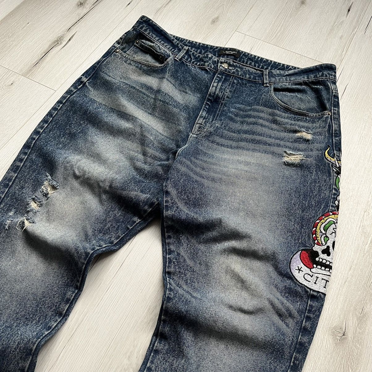 Ed Hardy × Vintage Ed Hardy Y2K Embroidered Big Logo Blue Washed Denim Jeans Size US 40 / EU 56 - 7 Thumbnail