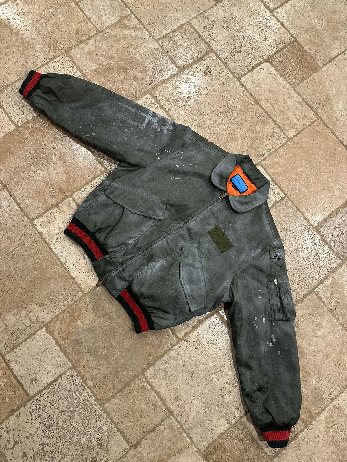 Gucci Hand Painted Ghost Bomber Olive Green Jacket