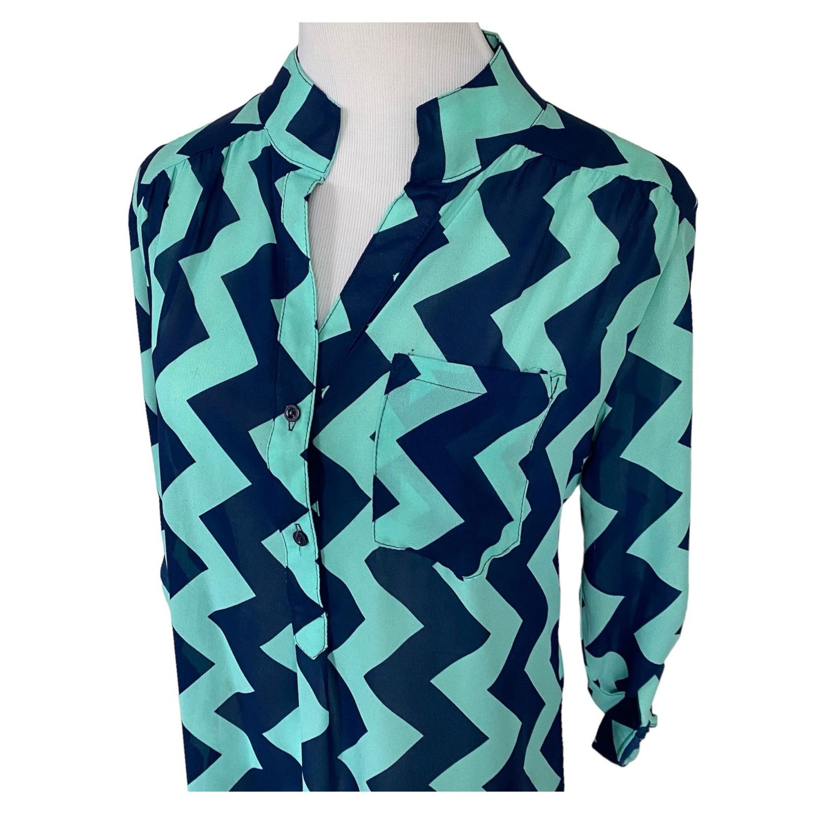 Other NEW NWT Small Teal & Navy Blue Chevron Long Sleeve Blouse Size S / US 4 / IT 40 - 2 Thumbnail