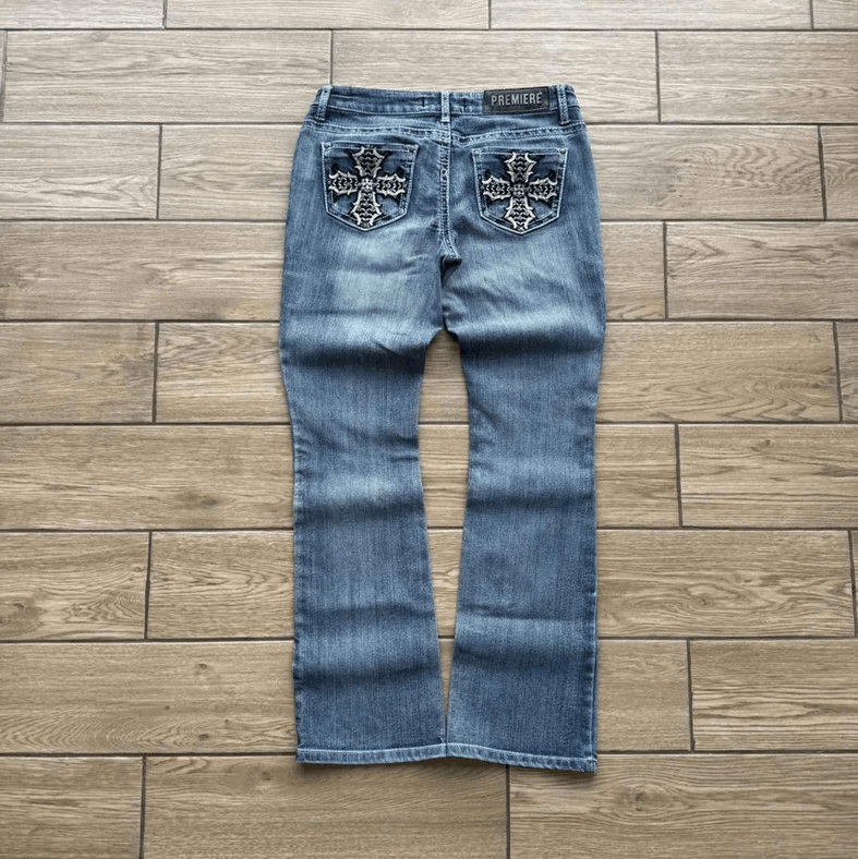 rue21 Y2K Premiere Rue 21 Cross Embroidered Denim Jeans Size 32" / US 10 / IT 46 - 1 Thumbnail