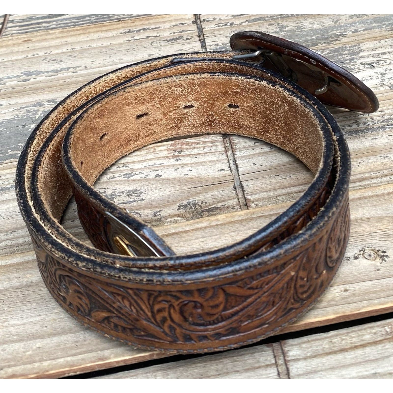 Tony Lama VINTAGE Tony Lama Belt Buckle Leather Belt Tooled Leather Belt Eagle Cowboy Core 38 Brown Unisex Adult Rockabilly 1970s Western Cowboy Theme Size ONE SIZE - 5 Thumbnail