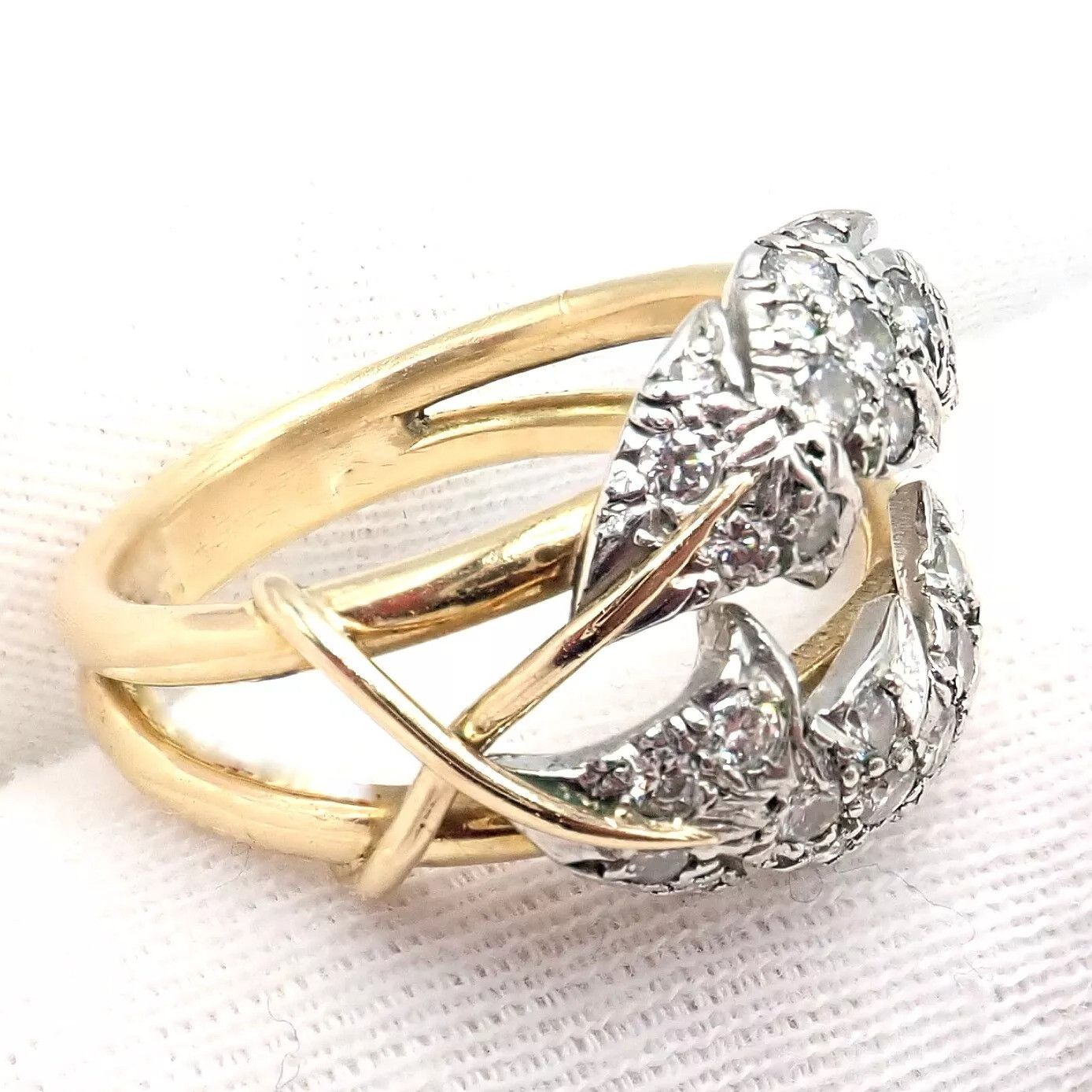 Tiffany & Co. Tiffany & Co. Diamond Yellow Gold Platinum Two Leaf Ring Size ONE SIZE - 8 Thumbnail
