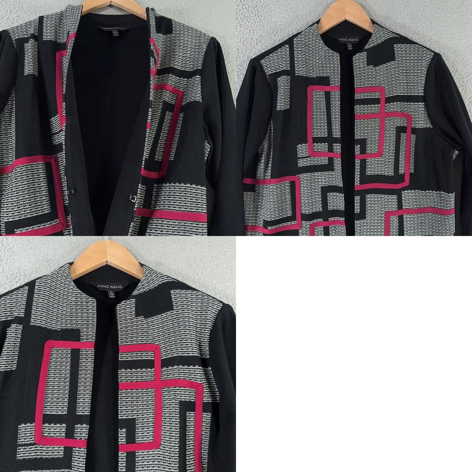 Vintage VINTAGE: Ming Wang Jacket Womens Large Black Red Gray Geometric Open Front Knit Career Size L / US 10 / IT 46 - 9 Thumbnail