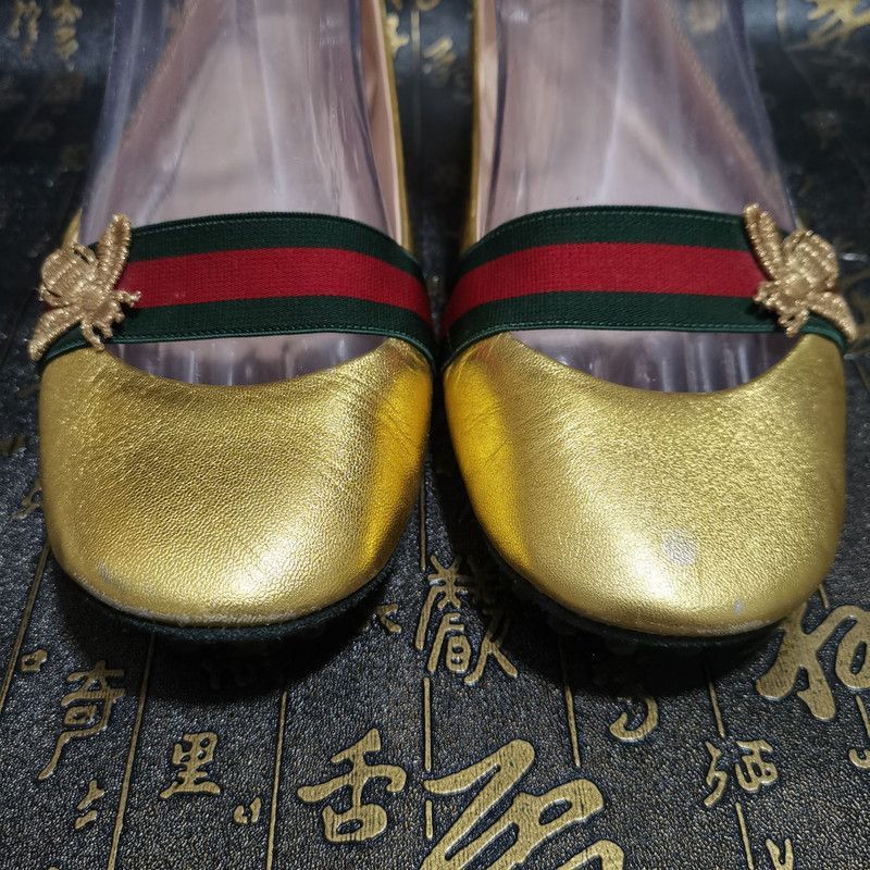 Gucci Gucci Gold Flats with Signature Green-Red Stripe - Size US 7.5 / EU 40-41 - 6 Thumbnail