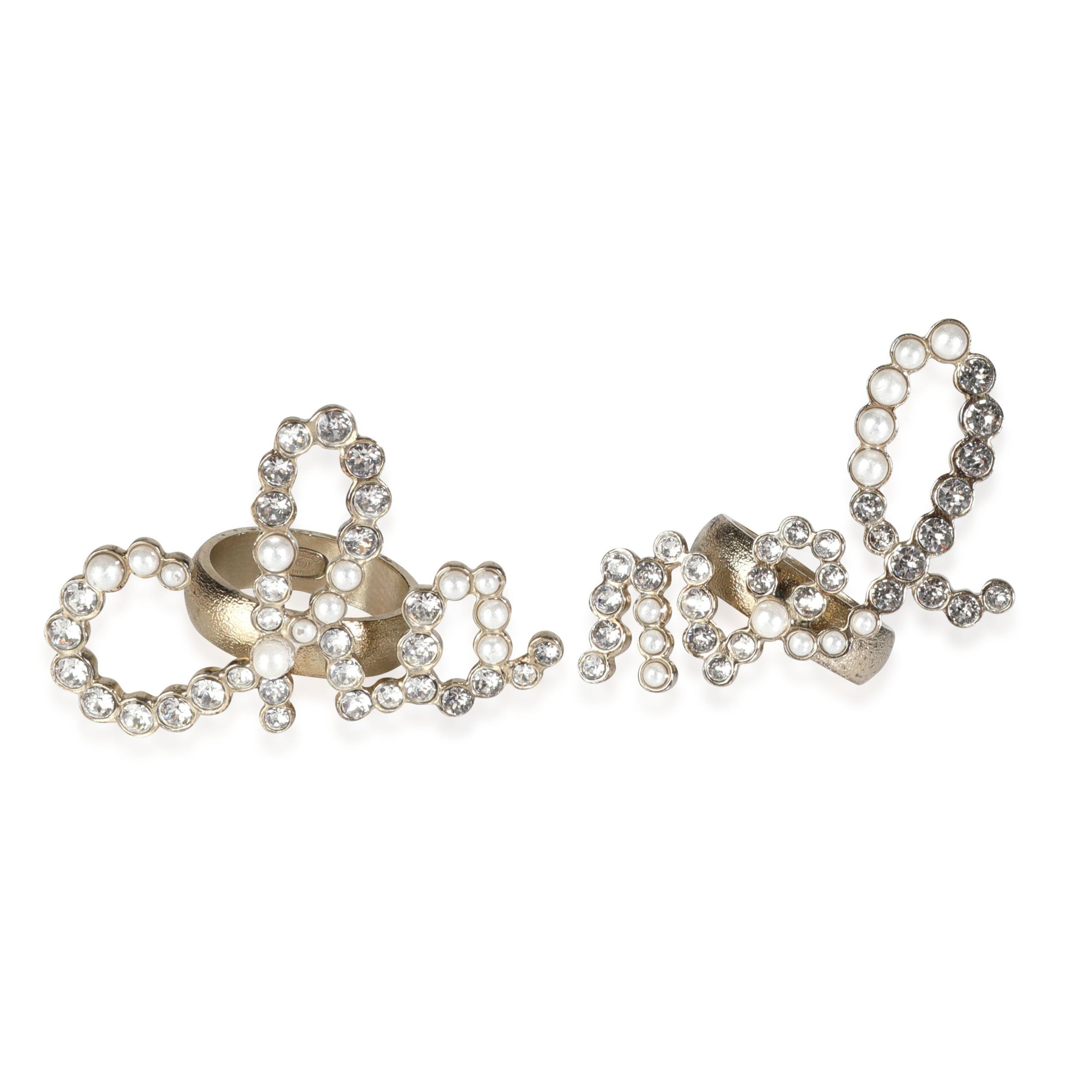 2019 Chanel Faux Pearl & Strass Cursive Logo Ring Set