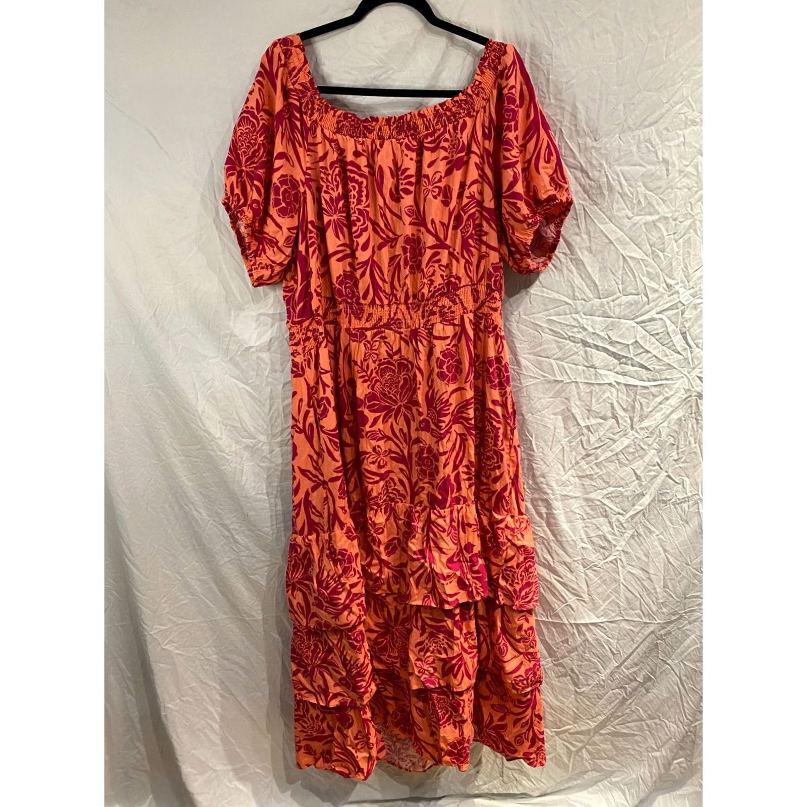 Vintage Knox Rose Dress Womens Maxi Floral Pink 2X Puff Sleeve Smocked Ruffle Layered Bohemian 90s Theme CV Size XXL / US 16-18 / IT 52-54 - 7 Thumbnail