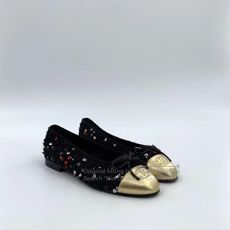Chanel Chanel Black round toe woven coarse tweed sequin casual fl Size US 7.5 / IT 37.5 - 2 Thumbnail