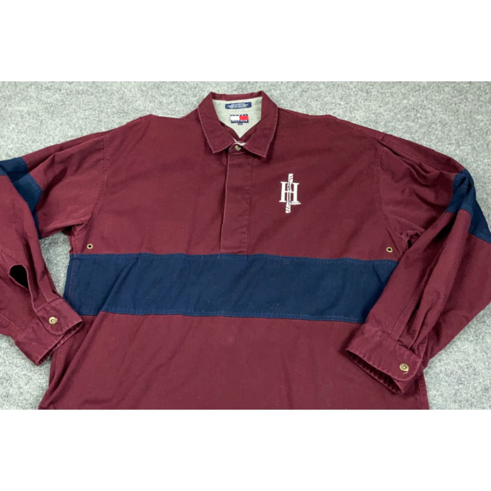 Tommy Hilfiger VINTAGE Tommy Hilfiger Athletics Shirt Striped 1/2-Button Dark Red Blue Heavyweight Cotton Adult XL Men Casual Workwear 90s Crest Pocket Button-Front Size US XL / EU 56 / 4 - 8 Thumbnail