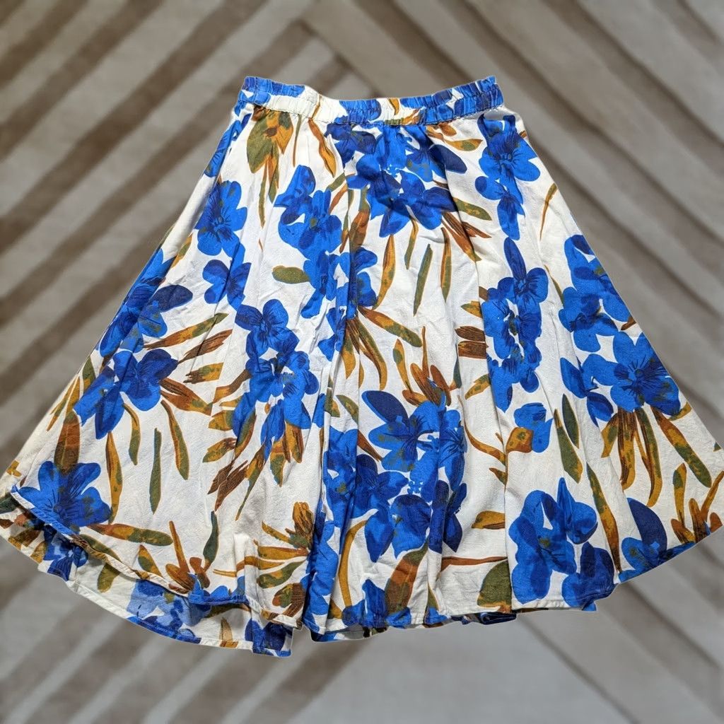 Vintage Flint & Moss Skirt Blue Floral Cotton Linen Midi Elastic Waist Women L Size 36" / US 14 / IT 50 - 1 Thumbnail