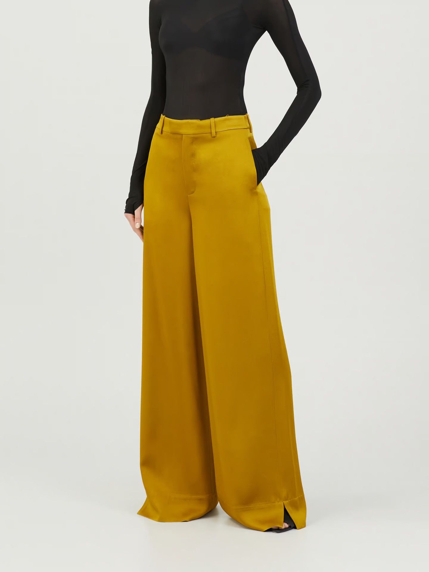 Saint Laurent Paris Yellow Satin Wide-Leg High-Waisted Trousers Size 25" / US 0 / IT 36 - 1 Thumbnail