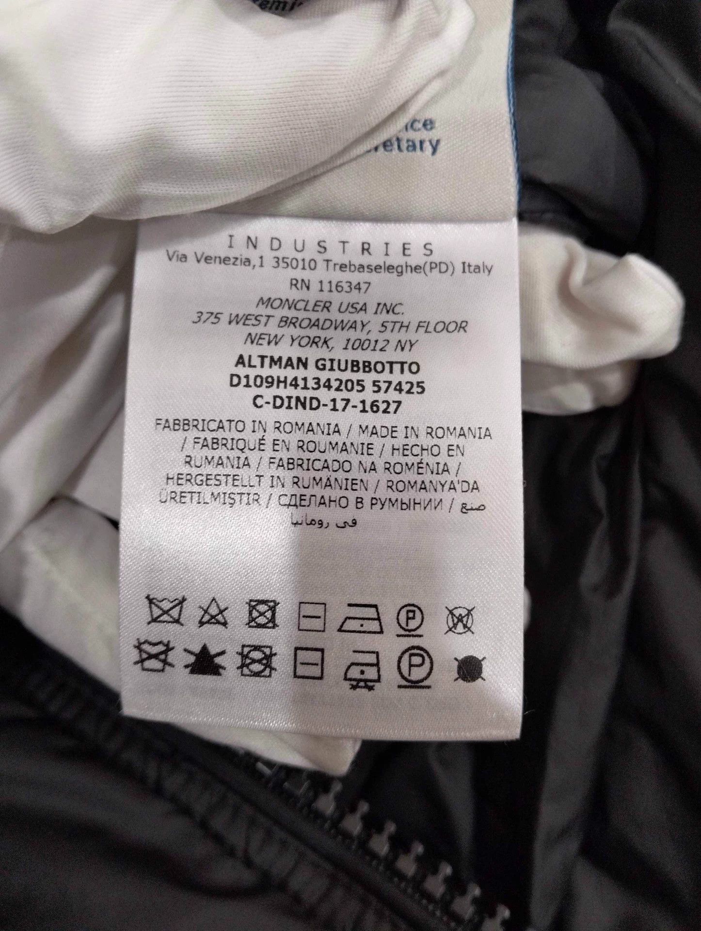 Moncler down jacket zipper stand collar size 1 9/10