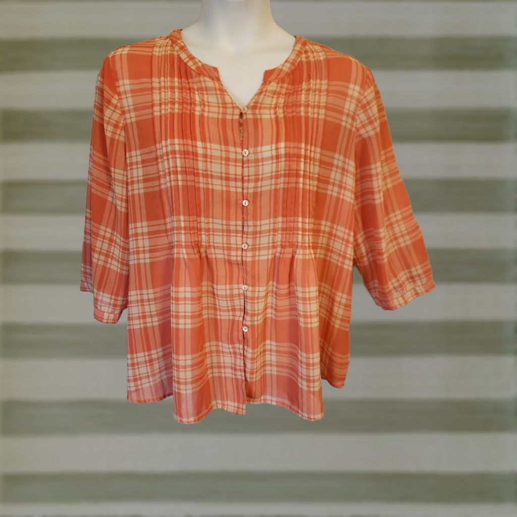 Vintage Serengeti Plaid Orange White Pleated Western Semi Sheer Top Boho 1X Women Blouse Pocketless? Size XL / US 12-14 / IT 48-50 - 1 Thumbnail