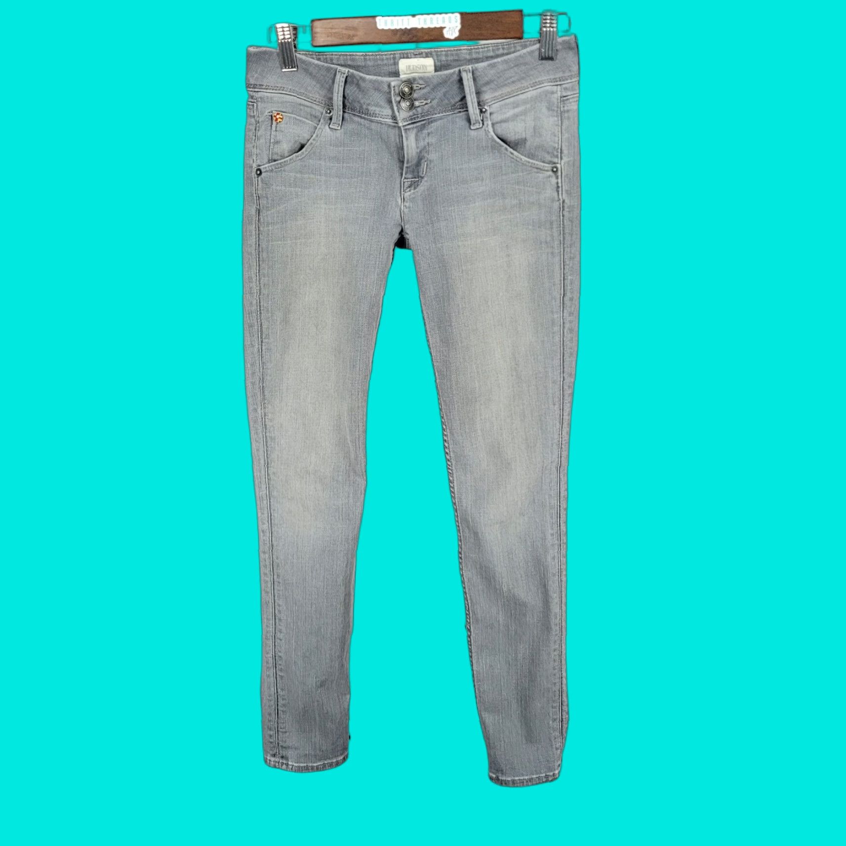 Hudson Hudson Jeans Womens 25 Grey Denim Low Rise Flap Pockets Stretch Skinny 5-Pocket Zip Button 27x29 Size 42" / US 20 - 1 Thumbnail