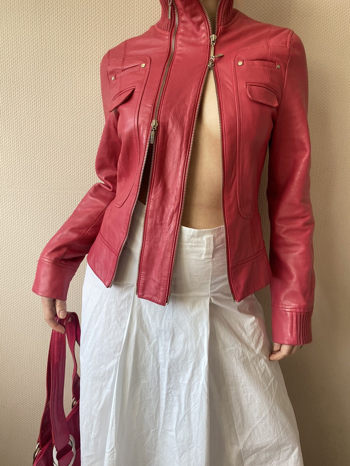 image of Mango Vintage 4 Zippers Leather Y2K Jacket in Pink, Women's (Size Small)