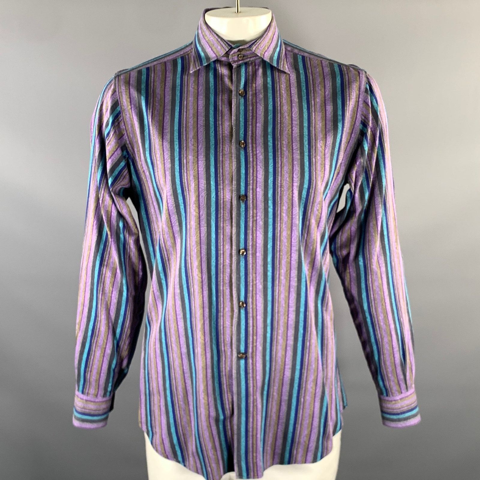 Etro ETRO XL Purple Blue Brown Stripe Paisley Long Sleeve Shirt Size US XL / EU 56 / 4 - 1 Thumbnail