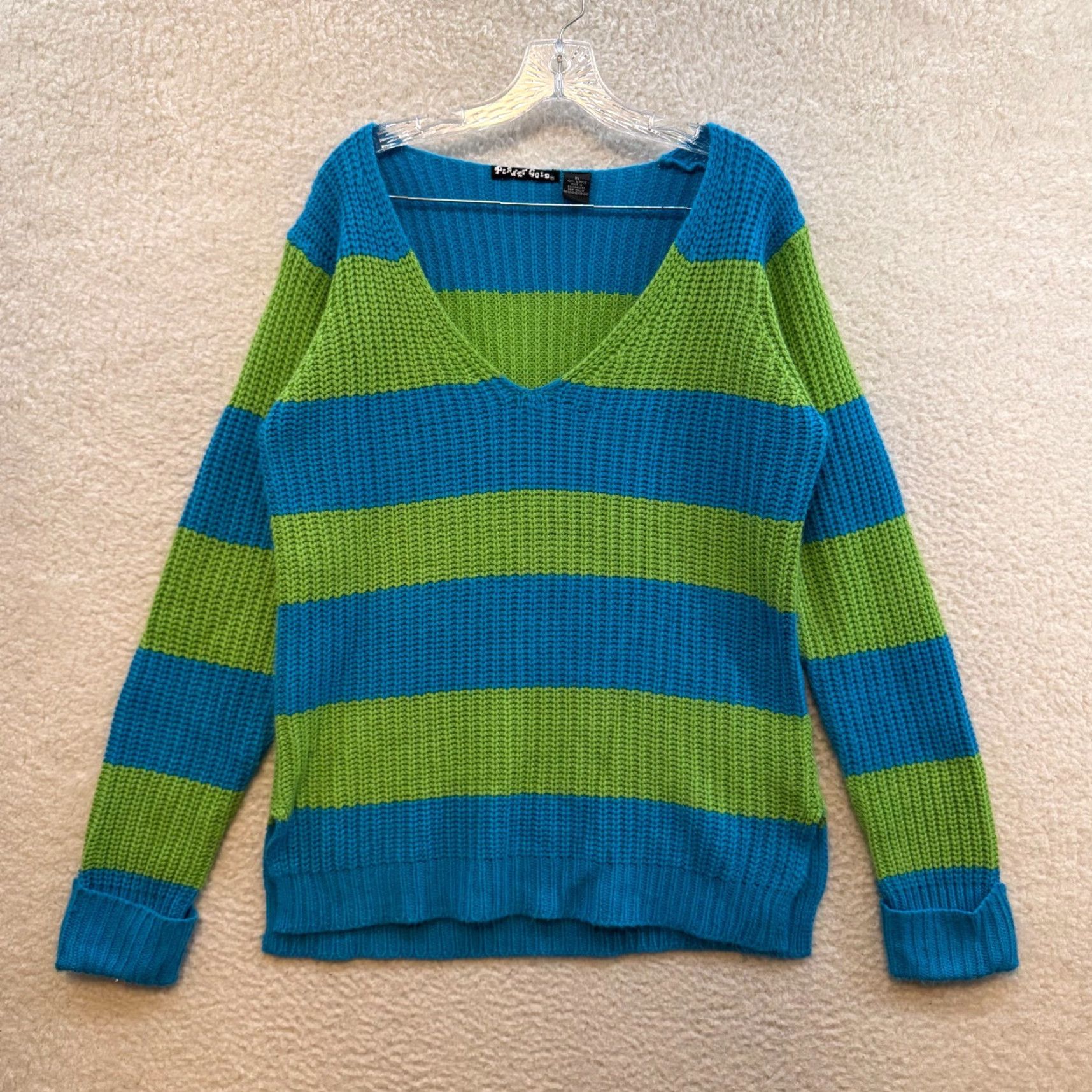 Vintage VINTAGE Y2K Sweater XL Blue Green Striped V-Neck Chunky Boho Fairy Grunge Planet Gold Mens Womens Girls Boys Clothing Size XL / US 12-14 / IT 48-50 - 2 Thumbnail