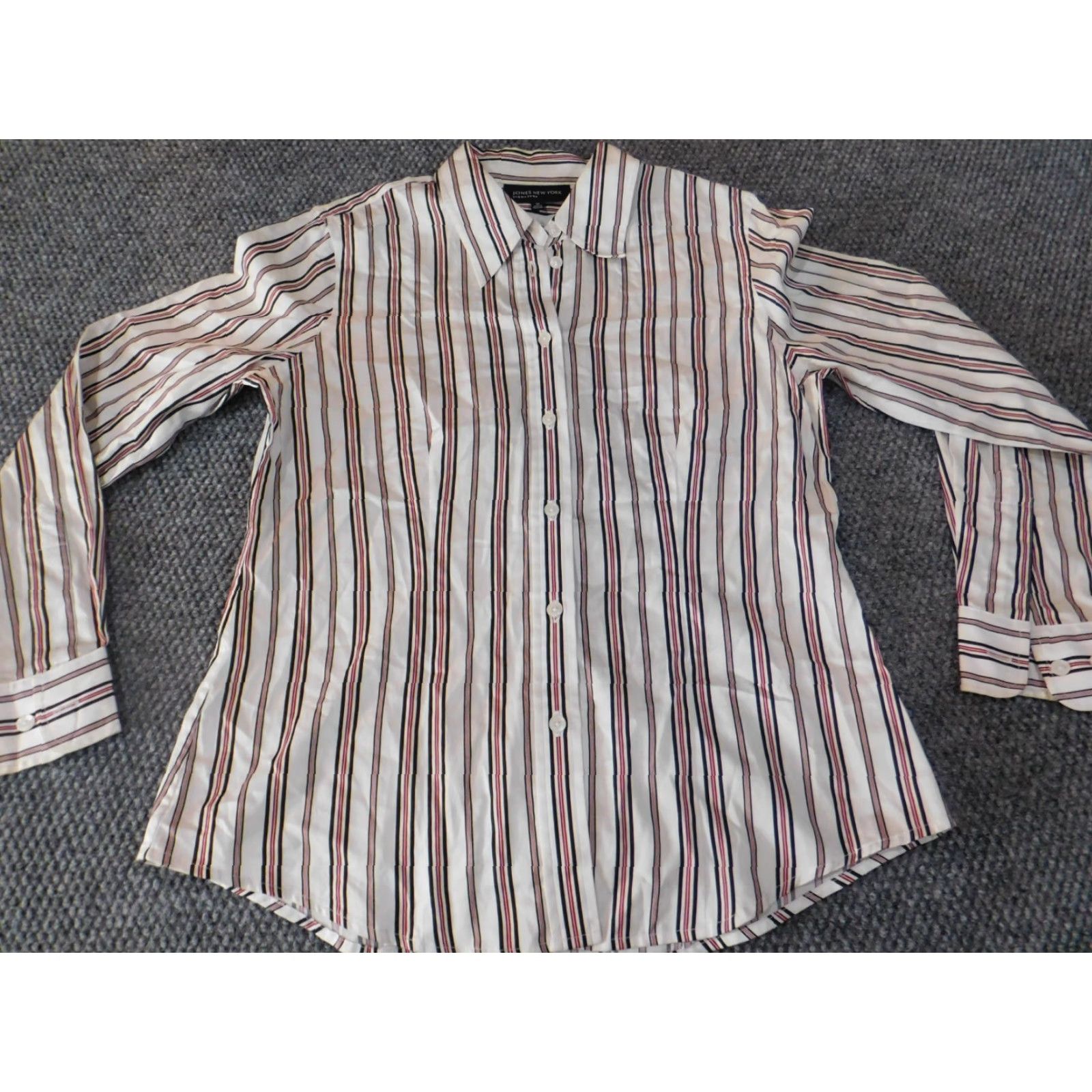 Jones New York Jones New York Button-Up Shirt White Striped Medium Women's Casual Classic Cotton Rayon Cap Sleeve Long Sleeve Regular Fit Shirt Size M / US 6-8 / IT 42-44 - 4 Thumbnail