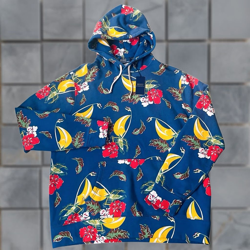 Polo Ralph Lauren VINTAGE Polo Ralph Lauren Hoodie Medium Blue Tropical Floral Fleece Mens Size US M / EU 48-50 / 2 - 1 Thumbnail