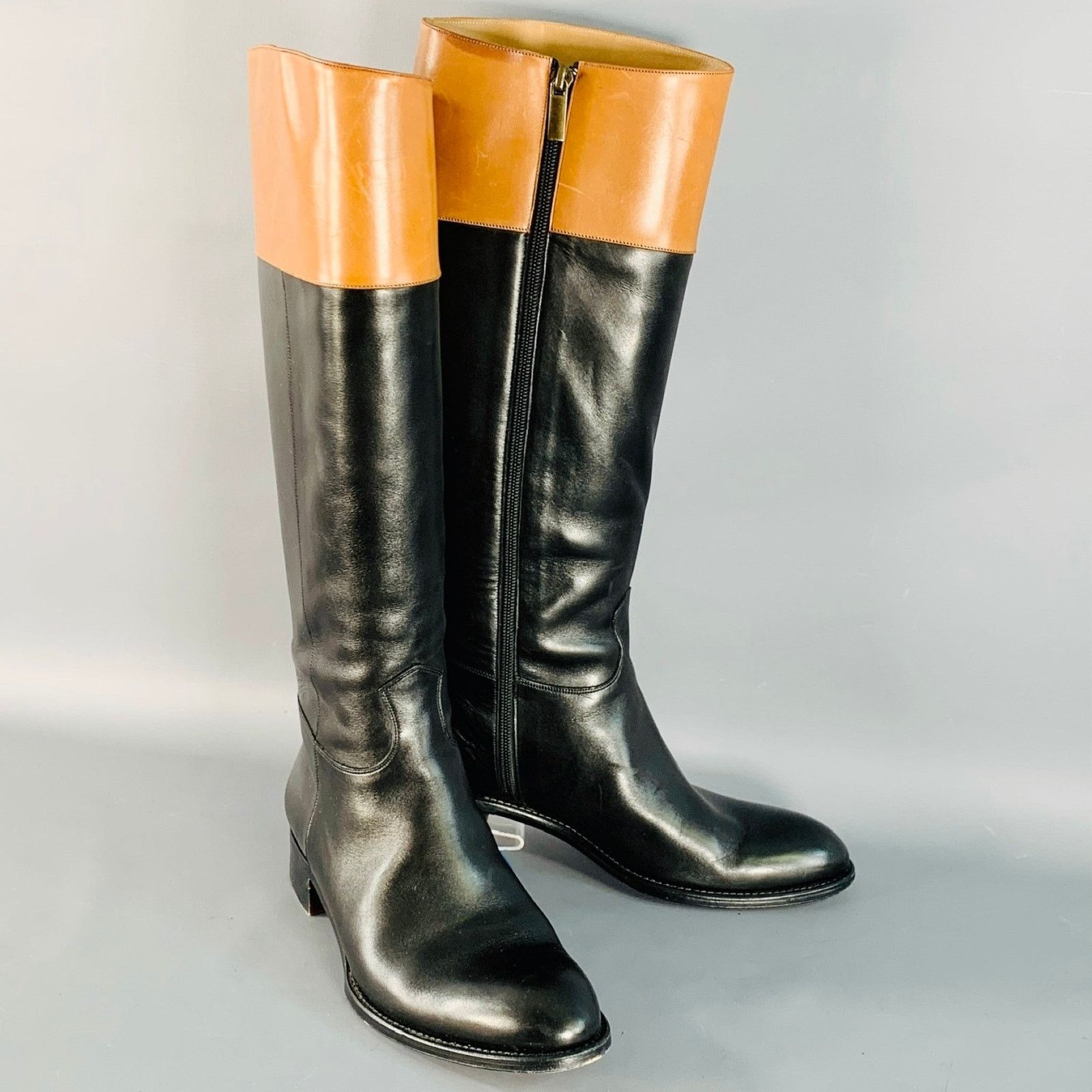 PAUL STUART 7.5 Black Tan Leather Side Zipper Riding Boots