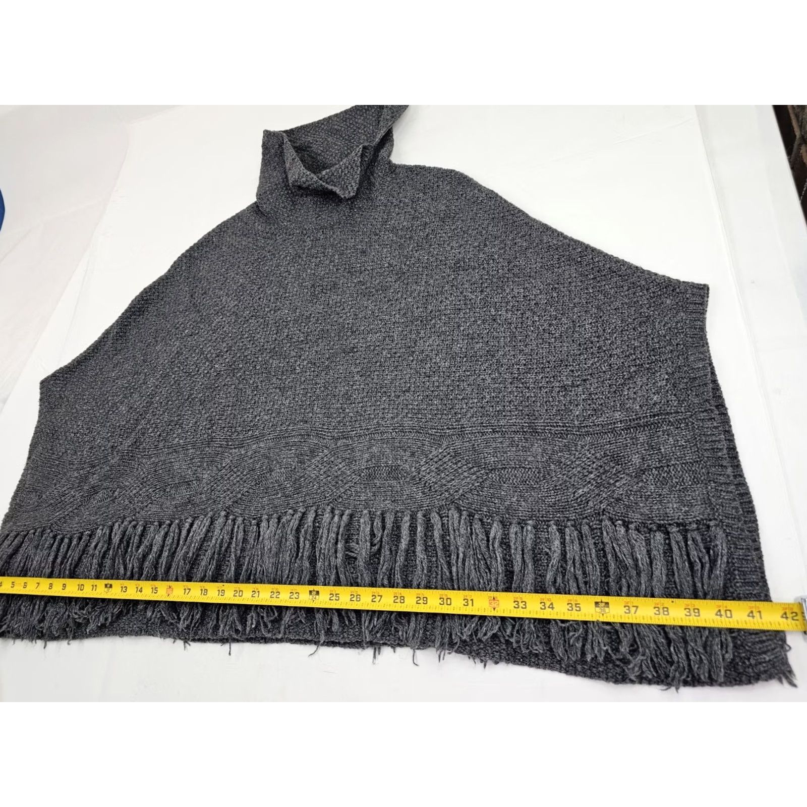 Coldwater Creek Coldwater Creek Gray Wool Blend Knit Sweater Poncho – Fringe Texture One Size Boho Size ONE SIZE - 5 Thumbnail