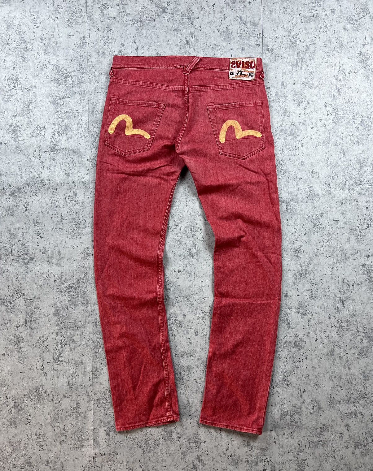 image of 90's Evisu Ramen Multilogo Vintage Y2K Retro Denim Pants in Red, Men's (Size 33)