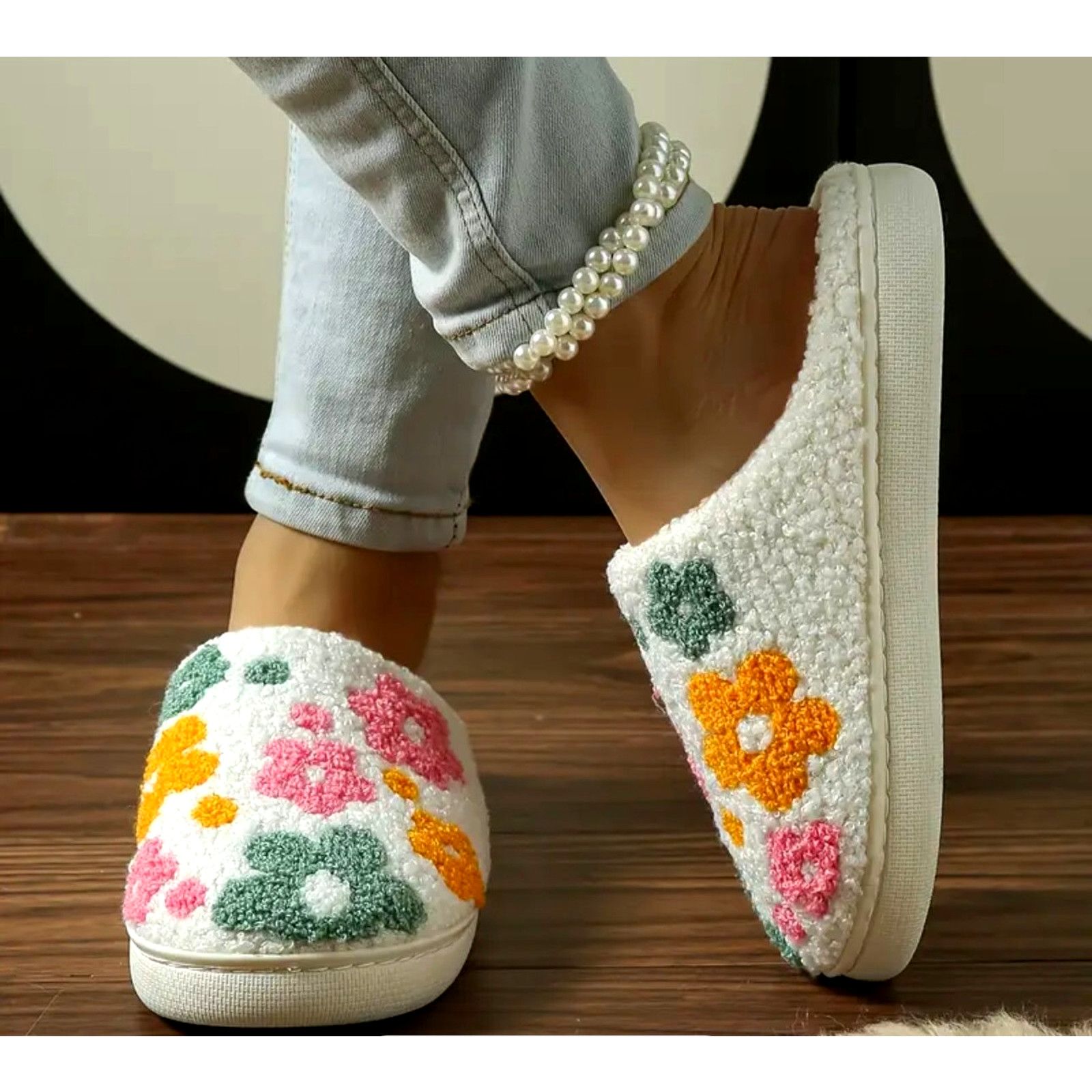 Other Floral Pattern Plush Slippers Green Pink Orange White 9.5-10 Size US 10 / IT 40 - 3 Thumbnail