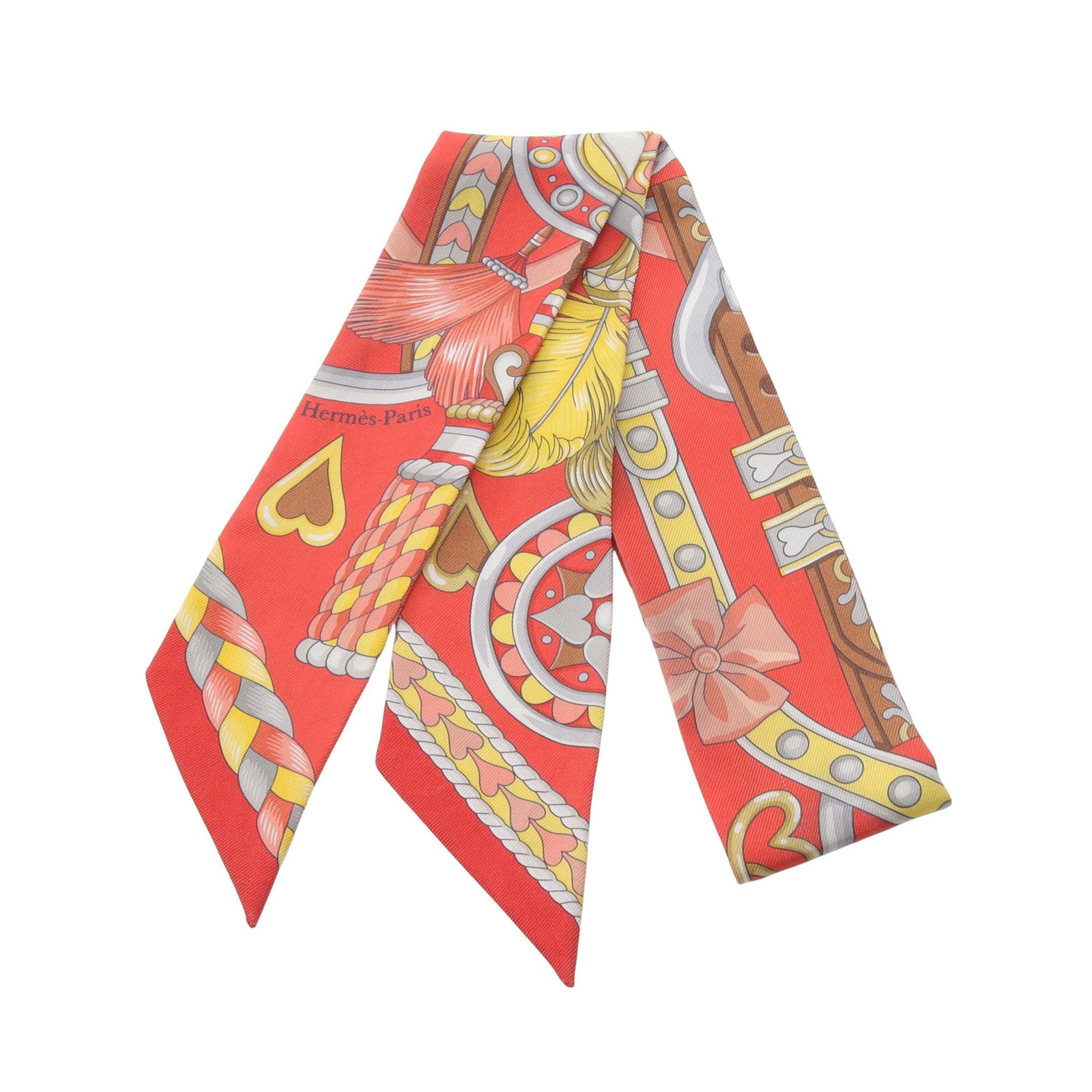 Hermes Hermes Twilly Harnais De Coeur Ribbon Scarf Silk Orange Red Multicolor Size ONE SIZE - 1 Thumbnail