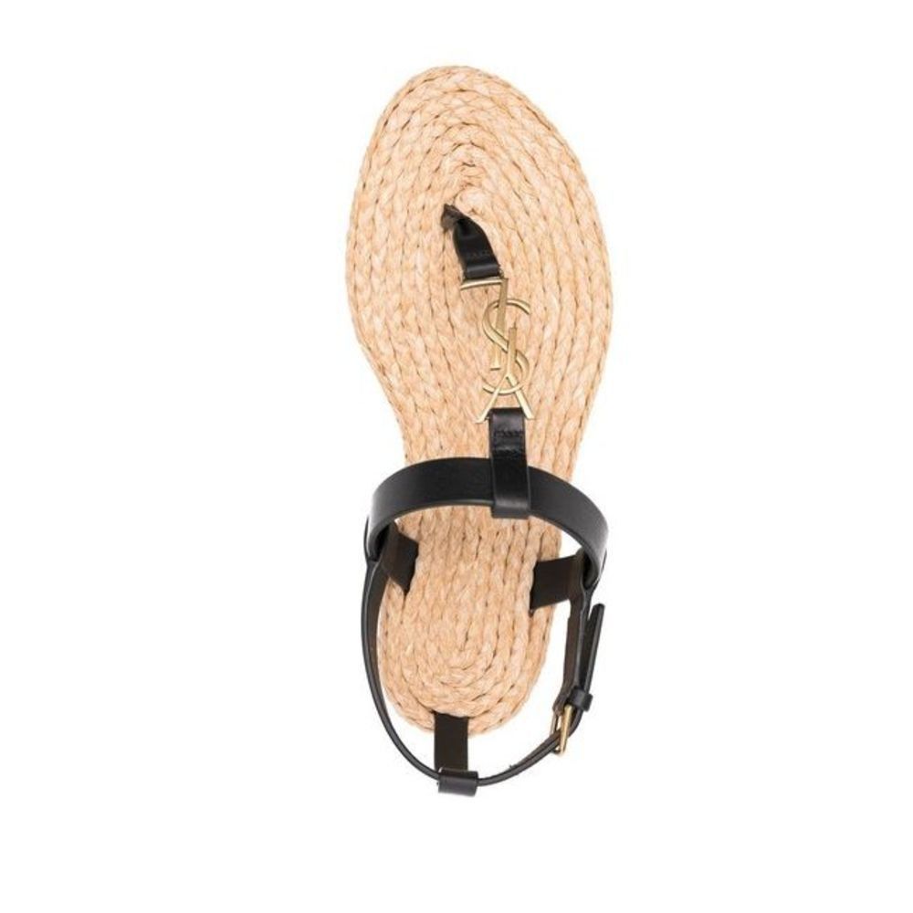 image of Saint Laurent Paris Black Cassandre Smooth Leather Flat Sandals, Women's (Size 11)
